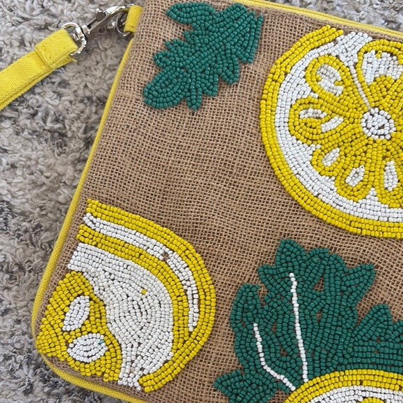 Francesca's Jute woven clutch with green yellow and white beaded detail - Picture 3 of 9